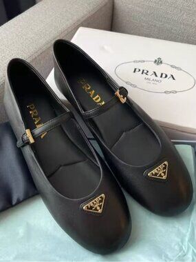 Prada Black Leather Mary Jane Flats with Gold Triangle Logo